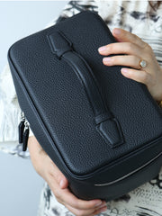 Luxury Full Grain Leather Cosmetic Purse with Mirror | Makeup Organizer & Travel Cosmetic Bag with Handle | Toiletry Case for Women & Men