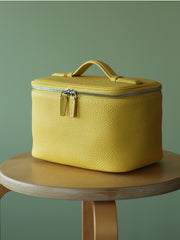 Luxury Full Grain Leather Cosmetic Purse with Mirror | Makeup Organizer & Travel Cosmetic Bag with Handle | Toiletry Case for Women & Men