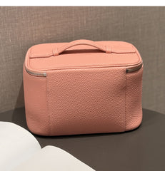 Luxury Full Grain Leather Cosmetic Purse with Mirror | Makeup Organizer & Travel Cosmetic Bag with Handle | Toiletry Case for Women & Men