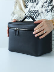 Luxury Full Grain Leather Cosmetic Purse with Mirror | Makeup Organizer & Travel Cosmetic Bag with Handle | Toiletry Case for Women & Men