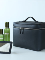 Luxury Full Grain Leather Cosmetic Purse with Mirror | Makeup Organizer & Travel Cosmetic Bag with Handle | Toiletry Case for Women & Men