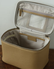 Luxury Full Grain Leather Cosmetic Purse with Mirror | Makeup Organizer & Travel Cosmetic Bag with Handle | Toiletry Case for Women & Men