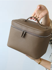 Luxury Full Grain Leather Cosmetic Purse with Mirror | Makeup Organizer & Travel Cosmetic Bag with Handle | Toiletry Case for Women & Men