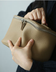 Luxury Full Grain Leather Cosmetic Purse with Mirror | Makeup Organizer & Travel Cosmetic Bag with Handle | Toiletry Case for Women & Men