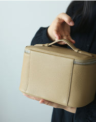 Luxury Full Grain Leather Cosmetic Purse with Mirror | Makeup Organizer & Travel Cosmetic Bag with Handle | Toiletry Case for Women & Men