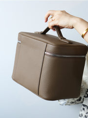 Luxury Full Grain Leather Cosmetic Purse with Mirror | Makeup Organizer & Travel Cosmetic Bag with Handle | Toiletry Case for Women & Men