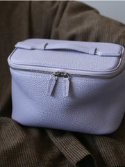 Luxury Full Grain Leather Cosmetic Purse with Mirror | Makeup Organizer & Travel Cosmetic Bag with Handle | Toiletry Case for Women & Men