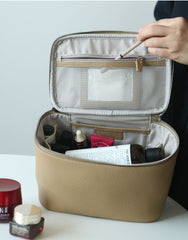 Luxury Full Grain Leather Cosmetic Purse with Mirror | Makeup Organizer & Travel Cosmetic Bag with Handle | Toiletry Case for Women & Men