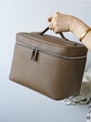 Luxury Full Grain Leather Cosmetic Purse with Mirror | Makeup Organizer & Travel Cosmetic Bag with Handle | Toiletry Case for Women & Men