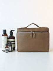 Luxury Full Grain Leather Cosmetic Purse with Mirror | Makeup Organizer & Travel Cosmetic Bag with Handle | Toiletry Case for Women & Men