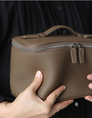 Luxury Full Grain Leather Cosmetic Purse with Mirror | Makeup Organizer & Travel Cosmetic Bag with Handle | Toiletry Case for Women & Men