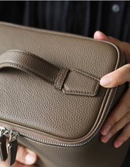 Luxury Full Grain Leather Cosmetic Purse with Mirror | Makeup Organizer & Travel Cosmetic Bag with Handle | Toiletry Case for Women & Men