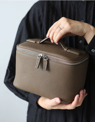 Luxury Full Grain Leather Cosmetic Purse with Mirror | Makeup Organizer & Travel Cosmetic Bag with Handle | Toiletry Case for Women & Men