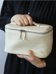 Luxury Full Grain Leather Cosmetic Purse with Mirror | Makeup Organizer & Travel Cosmetic Bag with Handle | Toiletry Case for Women & Men