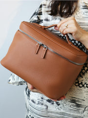 Luxury Full Grain Leather Cosmetic Purse with Mirror | Makeup Organizer & Travel Cosmetic Bag with Handle | Toiletry Case for Women & Men