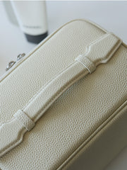 Luxury Full Grain Leather Cosmetic Purse with Mirror | Makeup Organizer & Travel Cosmetic Bag with Handle | Toiletry Case for Women & Men