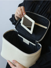 Luxury Full Grain Leather Cosmetic Purse with Mirror | Makeup Organizer & Travel Cosmetic Bag with Handle | Toiletry Case for Women & Men