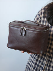 Luxury Full Grain Leather Cosmetic Purse with Mirror | Makeup Organizer & Travel Cosmetic Bag with Handle | Toiletry Case for Women & Men