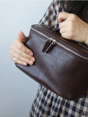 Luxury Full Grain Leather Cosmetic Purse with Mirror | Makeup Organizer & Travel Cosmetic Bag with Handle | Toiletry Case for Women & Men