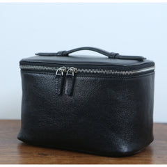 Luxury Full Grain Leather Cosmetic Purse with Mirror | Makeup Organizer & Travel Cosmetic Bag with Handle | Toiletry Case for Women & Men