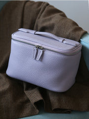 Luxury Full Grain Leather Cosmetic Purse with Mirror | Makeup Organizer & Travel Cosmetic Bag with Handle | Toiletry Case for Women & Men