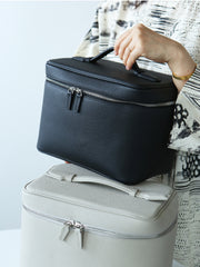 Luxury Full Grain Leather Cosmetic Purse with Mirror | Makeup Organizer & Travel Cosmetic Bag with Handle | Toiletry Case for Women & Men