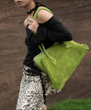 Luxury Green Suede Leather Tote Bag, Large Unique Fashion Shoulder Purse for Women