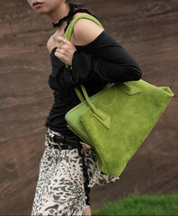 Luxury Green Suede Leather Tote Bag, Large Unique Fashion Shoulder Purse for Women