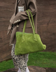 Luxury Green Suede Leather Tote Bag, Large Unique Fashion Shoulder Purse for Women