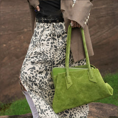 Luxury Green Suede Leather Tote Bag, Large Unique Fashion Shoulder Purse for Women