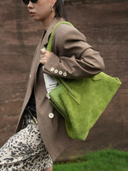 Luxury Green Suede Leather Tote Bag, Large Unique Fashion Shoulder Purse for Women