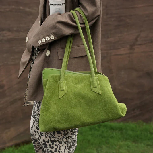Luxury Green Suede Leather Tote Bag, Large Unique Fashion Shoulder Purse for Women
