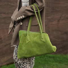 Luxury Green Suede Leather Tote Bag, Large Unique Fashion Shoulder Purse for Women