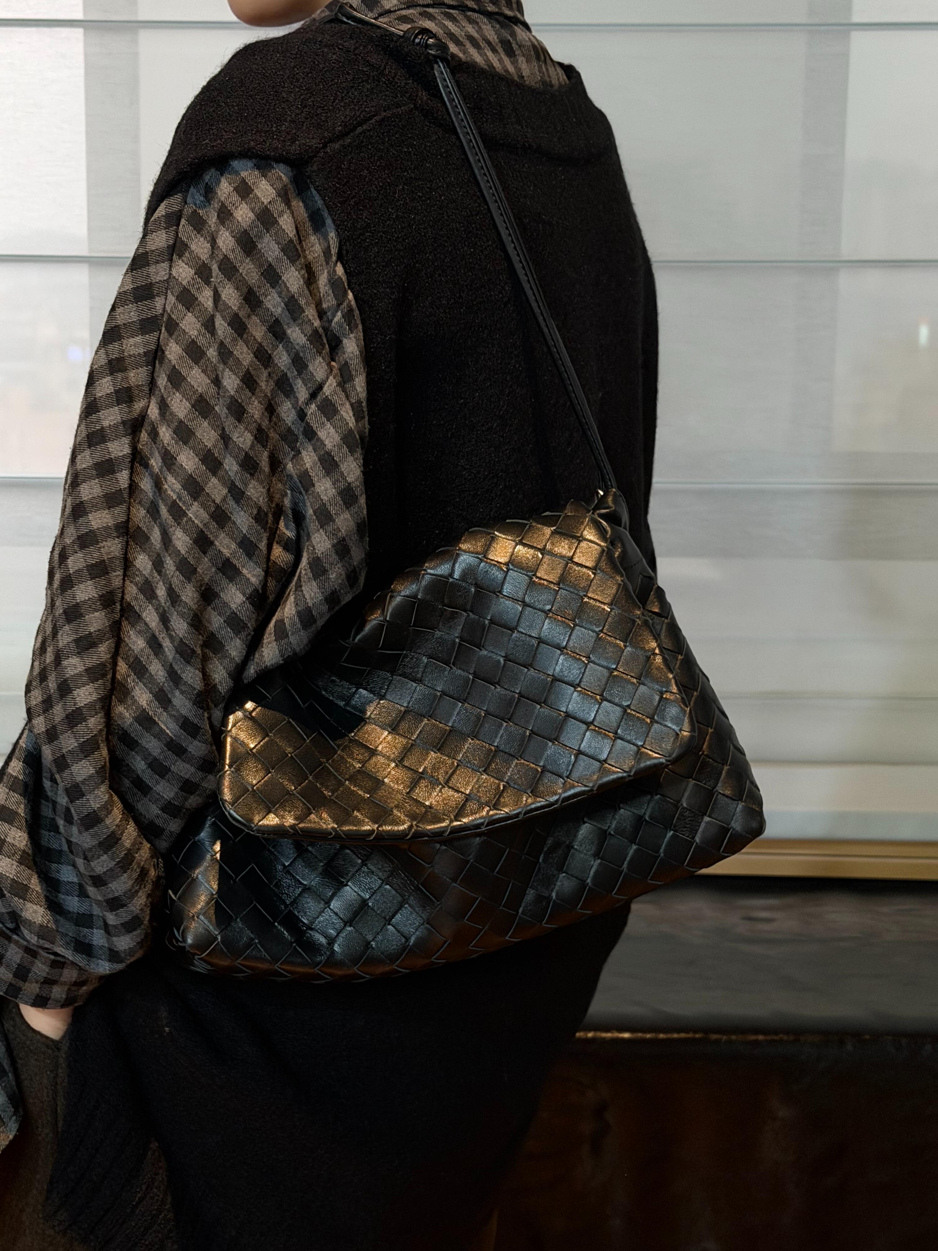 Luxury Handwoven Lambskin Crossbody Bag, Soft Leather Hobo Bag, Designer Craftsmanship Woven Flap Tote for Women