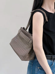 Luxury Handwoven Lambskin Leather Shoulder Bag, Soft Leather Versatile Top Handle & Underarm Design for Women