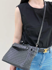 Luxury Handwoven Lambskin Leather Shoulder Bag, Soft Leather Versatile Top Handle & Underarm Design for Women