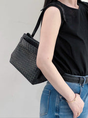 Luxury Handwoven Lambskin Leather Shoulder Bag, Soft Leather Versatile Top Handle & Underarm Design for Women