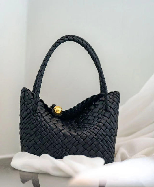 Luxury Handwoven Lambskin Leather Shoulder Bucket Bag with Sculptural Gold Sphere Closure and Double Handle Design – Spacious & Versatile Carryall