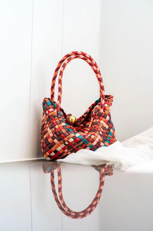 Luxury Handwoven Lambskin Leather Shoulder Bucket Bag with Sculptural Gold Sphere Closure and Double Handle Design – Spacious & Versatile Carryall