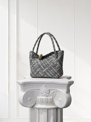 Luxury Handwoven Lambskin Leather Shoulder Bucket Bag with Sculptural Gold Sphere Closure and Double Handle Design – Spacious & Versatile Carryall