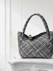 Luxury Handwoven Lambskin Leather Shoulder Bucket Bag with Sculptural Gold Sphere Closure and Double Handle Design – Spacious & Versatile Carryall