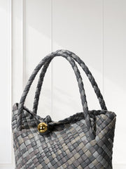 Luxury Handwoven Lambskin Leather Shoulder Bucket Bag with Sculptural Gold Sphere Closure and Double Handle Design – Spacious & Versatile Carryall