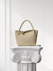 Luxury Handwoven Lambskin Leather Shoulder Bucket Bag with Sculptural Gold Sphere Closure and Double Handle Design – Spacious & Versatile Carryall