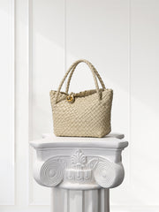 Luxury Handwoven Lambskin Leather Shoulder Bucket Bag with Sculptural Gold Sphere Closure and Double Handle Design – Spacious & Versatile Carryall