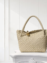 Luxury Handwoven Lambskin Leather Shoulder Bucket Bag with Sculptural Gold Sphere Closure and Double Handle Design – Spacious & Versatile Carryall