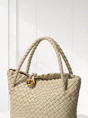 Luxury Handwoven Lambskin Leather Shoulder Bucket Bag with Sculptural Gold Sphere Closure and Double Handle Design – Spacious & Versatile Carryall