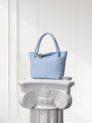 Luxury Handwoven Lambskin Leather Shoulder Bucket Bag with Sculptural Gold Sphere Closure and Double Handle Design – Spacious & Versatile Carryall