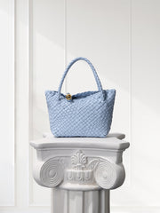 Luxury Handwoven Lambskin Leather Shoulder Bucket Bag with Sculptural Gold Sphere Closure and Double Handle Design – Spacious & Versatile Carryall