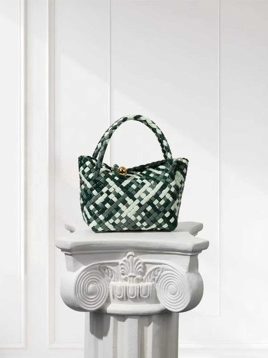 Luxury Handwoven Lambskin Leather Shoulder Bucket Bag with Sculptural Gold Sphere Closure and Double Handle Design – Spacious & Versatile Carryall