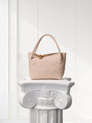 Luxury Handwoven Lambskin Leather Shoulder Bucket Bag with Sculptural Gold Sphere Closure and Double Handle Design – Spacious & Versatile Carryall